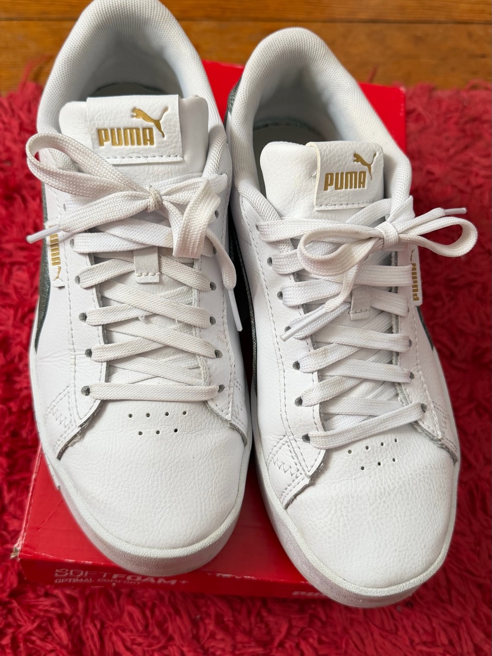 Puma White Leather Women's Sneakers with forest green & Gold Logo